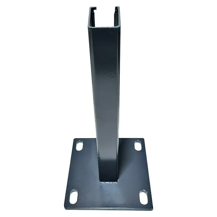FA-Bausysteme Standfuß Quadrat - Passend für: 40 x 60 mm Pfosten, Anthrazit - Stabile graue Metallhalterung mit quadratischer Basis und vier Befestigungslöchern für sicheren Halt. Ideal für vielfältige Anwendungen.