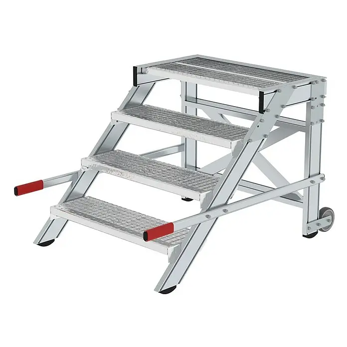 Proregal Treppenpodest Arbeitspodest fahrbar - Anzahl Tritte: 4 Stk., Arbeitshöhe: 2.800 mm, Belastbarkeit: 200 kg, Aluminium - Mobile Aluminium-Arbeitsplattform mit 4 rutschfesten Stufen, roten Griffen und Rollen.