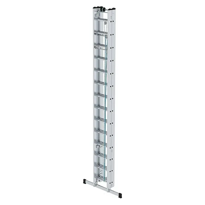 Proregal Seilzugleiter 3-teilig - Anzahl Tritte: 42 Stk., Arbeitshöhe: 10.800 mm, Belastbarkeit: 150 kg, Aluminium - Silberne Aluminium-Zugangsleiter mit integriertem blauen Seilzugsystem und breiter Standbasis.