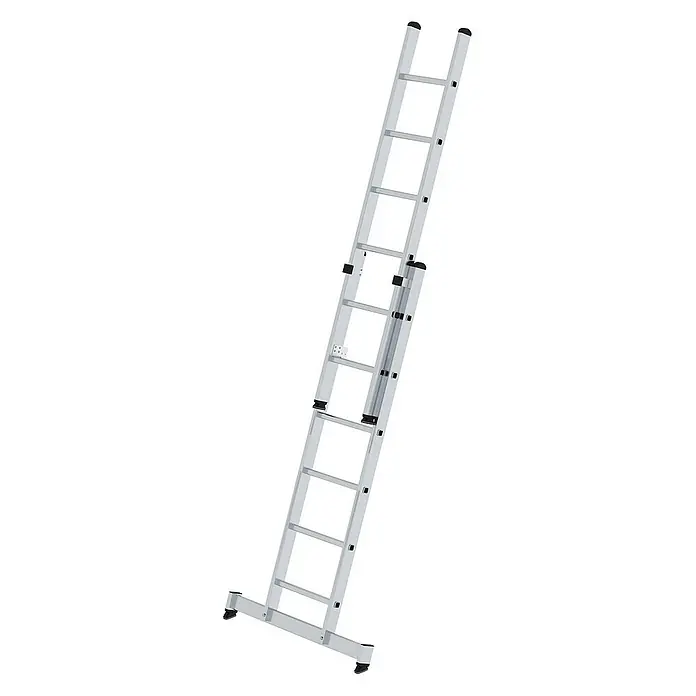 Proregal Schiebeleiter 2-teilig - Anzahl Tritte: 12 Stk., Arbeitshöhe: 4.100 mm, Belastbarkeit: 150 kg, Aluminium - Silberfarbene Aluminium-Ausziehleiter mit schwarzen Sicherheitskappen und Standfüßen.