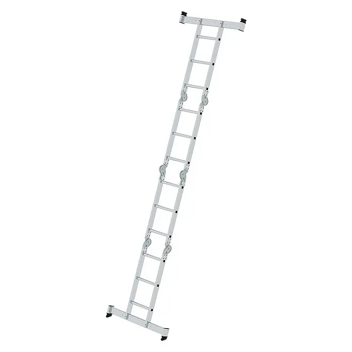 Proregal Mehrzweckleiter 4-teilig - Anzahl Tritte: 12 Stk., Arbeitshöhe: 4.800 mm, Belastbarkeit: 150 kg, Aluminium - Vielseitige silberne Aluminium-Mehrzweckleiter mit Gelenken und breiten Stabilisatoren für verschiedene Konfigurationen und Stabilität.