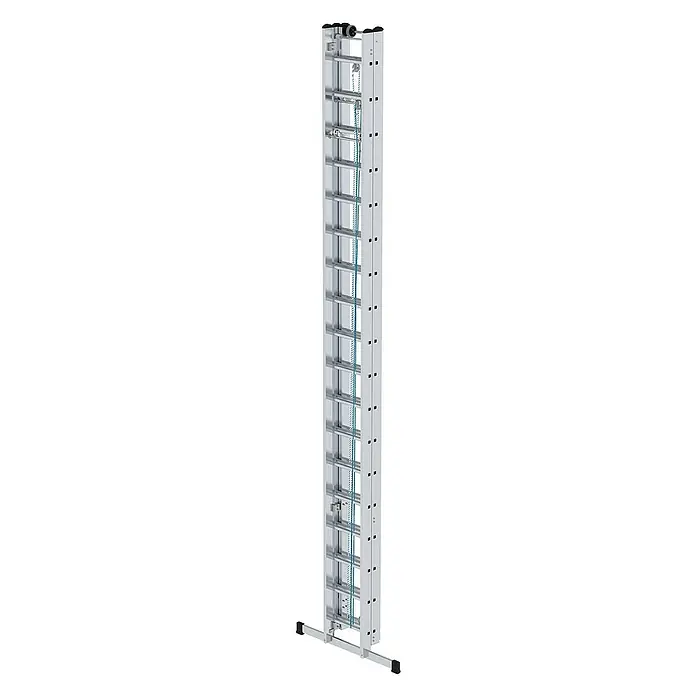 Proregal Seilzugleiter 3-teilig - Anzahl Tritte: 52 Stk., Arbeitshöhe: 13.600 mm, Belastbarkeit: 150 kg, Aluminium - Silberne Aluminium-Bodentreppe mit integriertem Seilzugsystem und Stabilisatorstange.