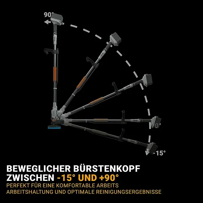 Batavia Maxxpack Akku-Reinigungsbürste Twin Brush V1 - 18 V, Ohne Akku - Das Bild zeigt einen verstellbaren Bürstenkopf, der sich zwischen -15° und +90° bewegen lässt. Ideal für komfortable Arbeitsbedingungen.