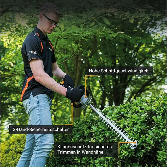 Batavia Akku-Heckenschere 560 MM 18V - 18 V, Li-Ionen, Schnittlänge: 56 cm - Mann schneidet Hecke mit einer Heckenschere von Batavia, die über einen Klingenschutz verfügt, um sicheres Trimmen zu gewährleisten.