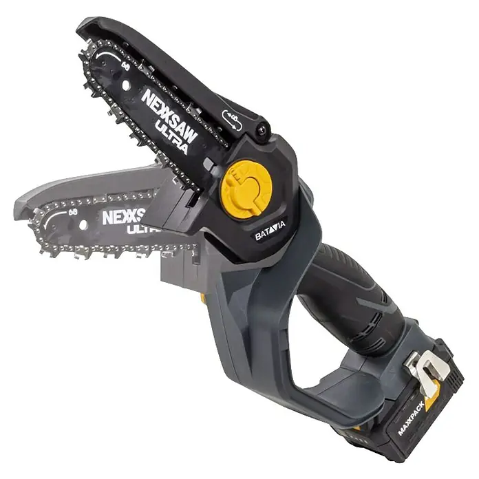 Batavia Einhand-Akku-Kettensäge Brushless V3.2 Ultra - 18 V, 4 Ah, 1 Akku, Schwertlänge: 17,78 cm - Die akkubetriebene NEXXSAW ULTRA Mini-Kettensäge von Batavia ist ein kompaktes und vielseitiges Werkzeug für Gartenarbeiten und Baumschnitt.