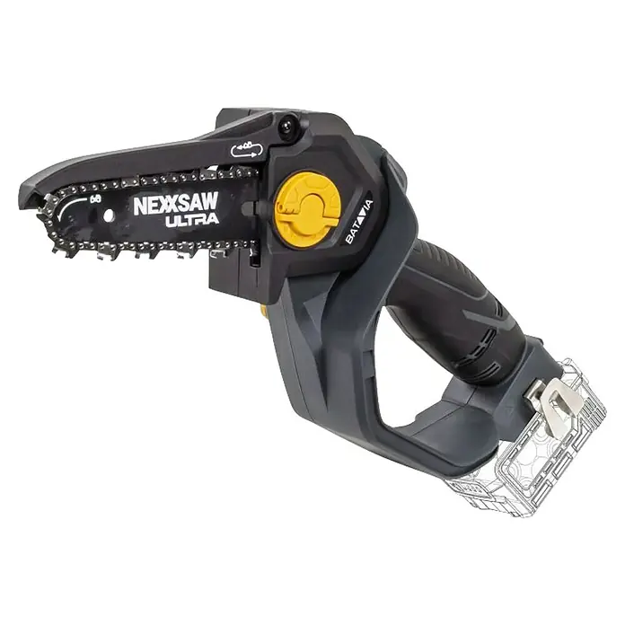 Batavia Einhand-Akku-Kettensäge Brushless V3.2 Ultra - 18 V, Ohne Akku, Schwertlänge: 17,78 cm - Abbildung einer akkubetriebenen Mini-Kettensäge Nexxsaw Ultra von Batavia, perfekt für den Baumschnitt.