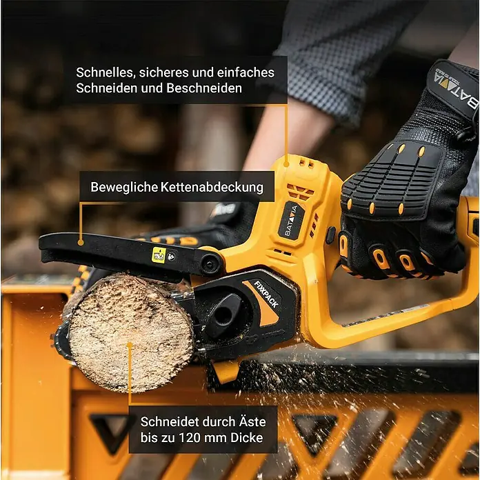 Batavia Einhand-Akku-Kettensäge 6" 12V - 12 V, 2 Ah, 1 Akku - Die Akku-Kettensäge von Batavia schneidet Äste bis zu 120mm Dicke schnell, sicher und einfach.