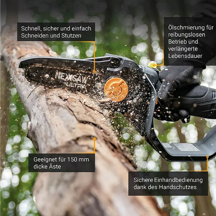 Batavia Einhand-Akku-Kettensäge Brushless V3.2 Ultra - 18 V, 4 Ah, 1 Akku, Schwertlänge: 17,78 cm - Die Nexxsaw Ultra beim Schneiden eines Astes, hervorgehoben sind ihre schnelle, sichere und einfache Handhabung.