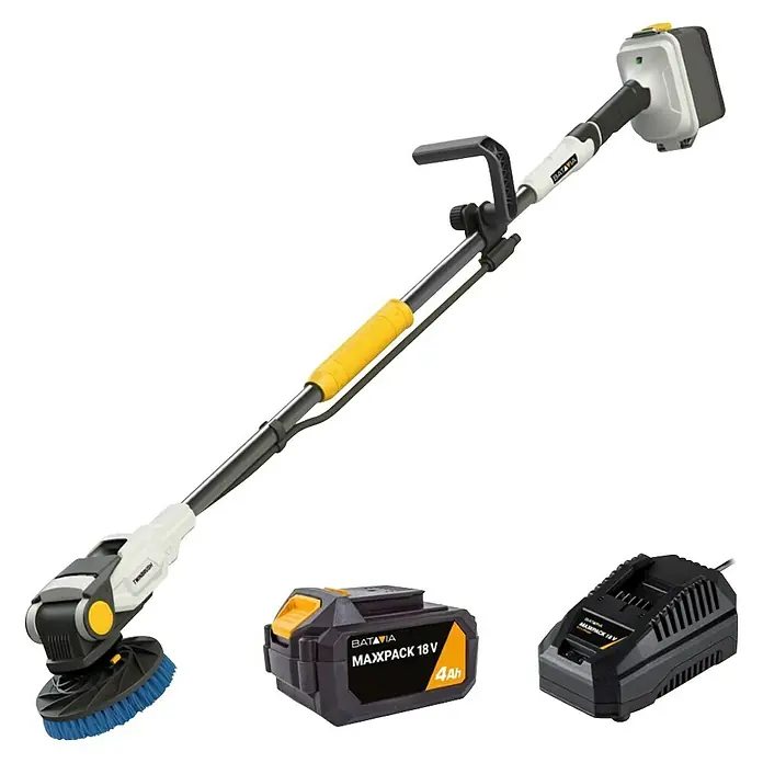 Batavia Maxxpack Akku-Reinigungsbürste Twin Brush V1 - 18 V, 1 Akku, 4 Ah - Produktabbildung: Der Batavia Twibrush Akku-Reiniger mit Akku und Ladegerät, ideal für eine mühelose Reinigung im Außenbereich.