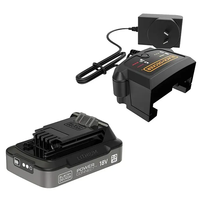 Black+Decker 18V PowerConnect Batería y cargador - 18 V, 2 Ah, Iones de litio - Batería de iones de litio Black+Decker de 18V 2.0Ah con cargador. Ideal para herramientas eléctricas inalámbricas y equipos de jardín.