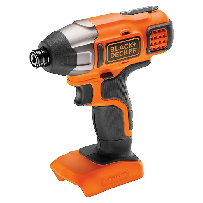 Black+Decker 18V PowerConnect Llave de impacto de batería BDCIM18N-XJ - 18 V, Sin batería, 155 Nm - La imagen muestra un atornillador de impacto inalámbrico Black+Decker. La herramienta es de colores naranja, negro y plata.