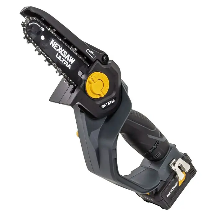 Batavia Einhand-Akku-Kettensäge Brushless V3.2 Ultra - 18 V, 4 Ah, 1 Akku, Schwertlänge: 17,78 cm - Nahaufnahme einer kabellosen Mini-Kettensäge von Batavia, Modell Nexxsaw Ultra, ideal für Gartenarbeiten.
