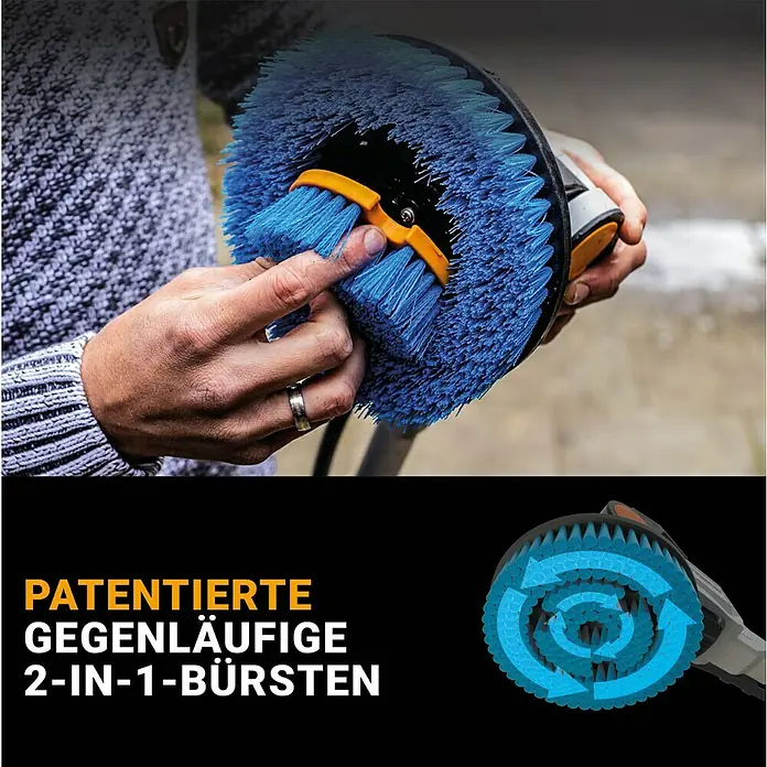 Batavia Maxxpack Akku-Reinigungsbürste Twin Brush V1 - 18 V, Ohne Akku - Das Bild zeigt eine rotierende 2-in-1-Bürste, die für eine effektive Reinigung entwickelt wurde. Die gegenläufigen Bürsten sorgen für gründliche Sauberkeit.
