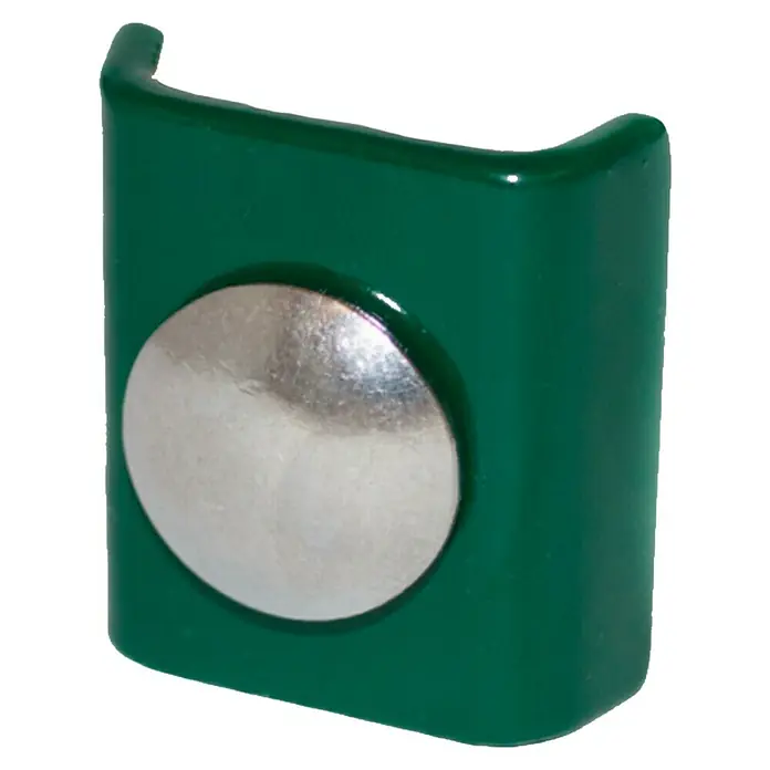 FA-Bausysteme Eckverbinder - 35 x 40 x 10 mm, Moosgrün, Passend für: Doppelstabmattenzäune - Nahaufnahme eines grünen Schrankmagneten mit silberner Metallscheibe. Ideal für sicheren Verschluss von Schränken und Türen.