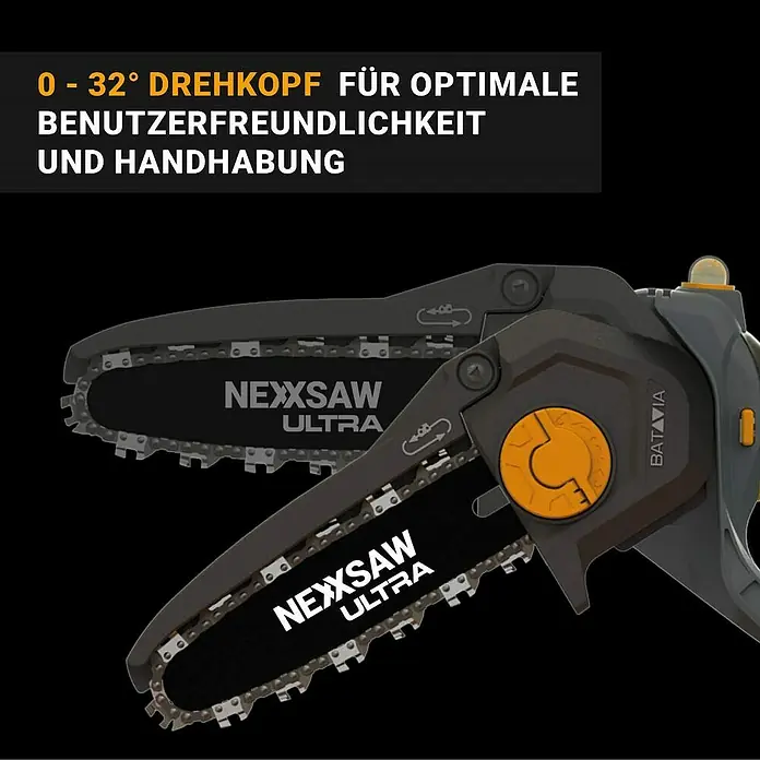 Batavia Einhand-Akku-Kettensäge Brushless V3.2 Ultra - 18 V, 4 Ah, 1 Akku, Schwertlänge: 17,78 cm - Abbildung einer Akku-Kettensäge mit der Aufschrift "NEXXSAW ULTRA", die für optimale Benutzerfreundlichkeit und Handhabung entwickelt wurde.