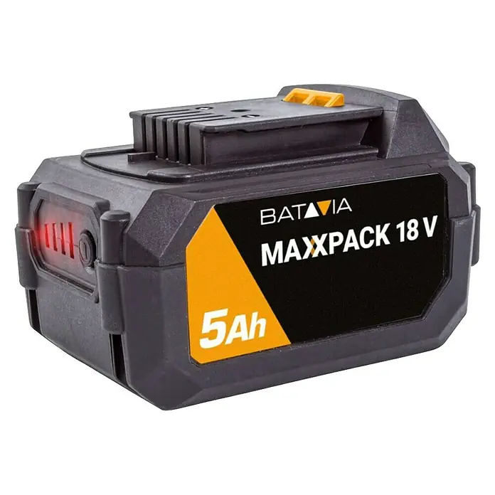 Batavia Maxxpack Akku - 18 V, 5 Ah, Li-Ionen - Nahaufnahme eines Batavia MAXXPACK 18 V 5Ah Akkus, ideal für Elektrowerkzeuge und Gartengeräte. Zuverlässige Energie für Ihre Projekte.