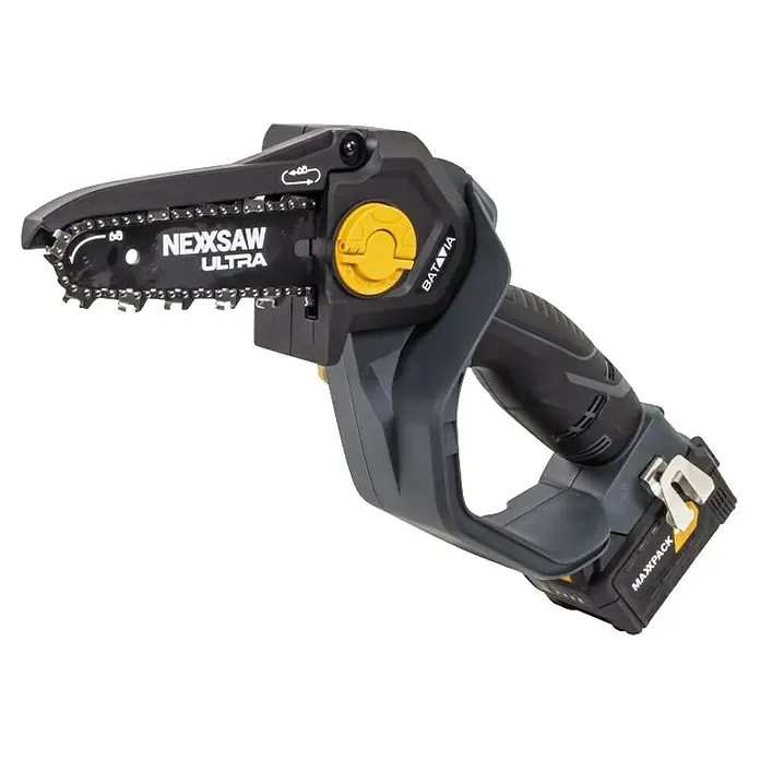Batavia Einhand-Akku-Kettensäge Brushless V3.2 Ultra - 18 V, Ohne Akku, Schwertlänge: 17,78 cm - Akku-Kettensäge „Nexxsaw Ultra“ von Batavia, ideal für Gartenarbeiten. Kompaktes Design und leistungsstarker Akku für einfaches Schneiden.