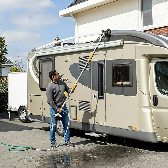 Batavia Maxxpack Verlängerungsstiel - Passend für: Batavia Maxxpack Akku-Reinigungsbürste Twin Brush V1, 80 cm - 240 cm - Eine Person, die ein Wohnmobil mit einer ausziehbaren Bürste mit Wasserdurchlauf reinigt. Ideal für die Reinigung von Wohnmobilen, Autos und Booten.