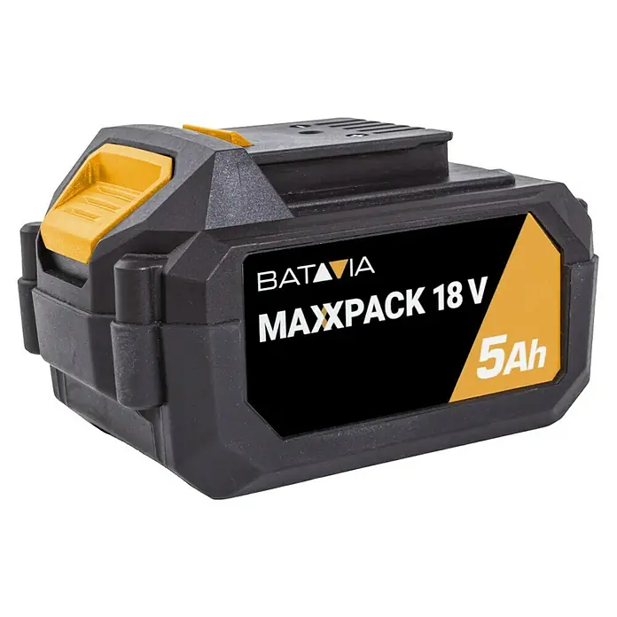 Batavia Maxxpack Akku - 18 V, 5 Ah, Li-Ionen - Abbildung einer BATAVIA Maxxpack 18V 5Ah Batterie, ideal für schnurlose Werkzeuge. Sie bietet zuverlässige Leistung und lange Laufzeit.