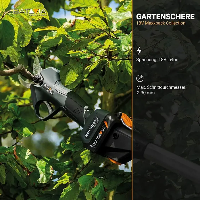 Batavia Akku-Astschere 18V - 18 V, Ohne Akku, Max. Aststärke: 30 mm - Die Batavia Gartenschere 18V Maxxpack Collection im Einsatz, ideal für müheloses Beschneiden mit bis zu 30mm Schnittdurchmesser.
