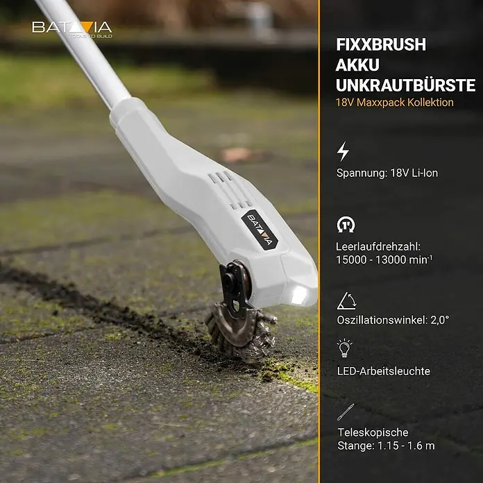 Batavia Maxxpack Unkrautbürste - 18 V, Li-Ionen - Das Bild zeigt eine akkubetriebene Fixxbrush Unkrautbürste von Batavia mit technischen Details wie Spannung und Leerlaufdrehzahl.
