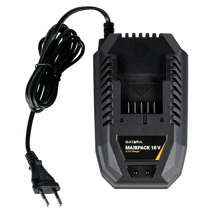 Batavia Maxxpack Akku-Schnellladegerät - Passend für: Batavia Akkus der Maxxpack-Kollektion - Das Bild zeigt ein schwarzes Batavia Maxxpack 18V 4.5A Ladegerät mit einem Netzkabel und einem europäischen Stecker.