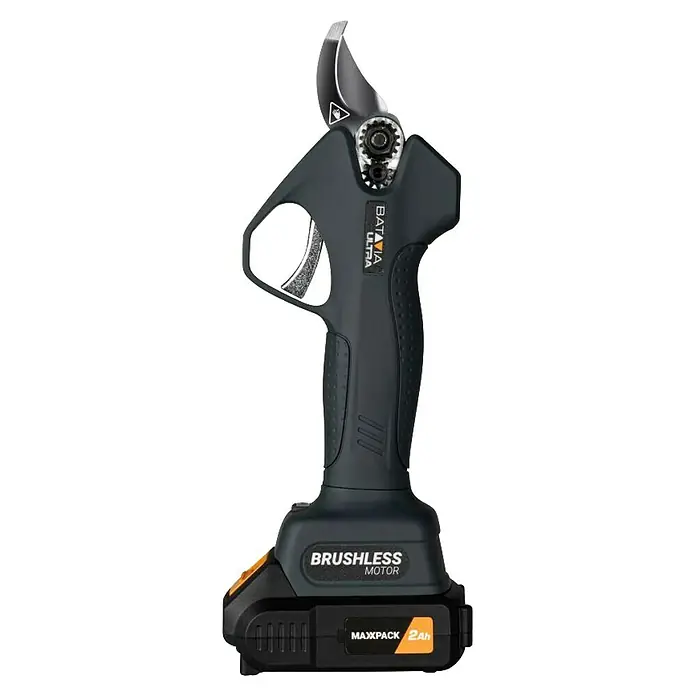 Batavia Akku-Astschere 18V - 18 V, Ohne Akku, Max. Aststärke: 30 mm - Abbildung einer akkubetriebenen Gartenschere Batavia Ultra, die mit einem bürstenlosen Motor und einem Maxxpack 2Ah Akku ausgestattet ist.