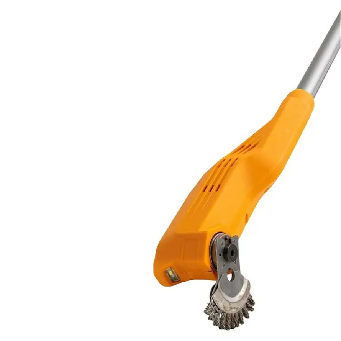 Batavia Fixxpack Unkrautbürste Fixxbrush - 12 V, Li-Ionen, Ohne Akku - Nahaufnahme eines Fugenkratzers mit gelbem Griff und Stahlbürste zur Unkrautentfernung.