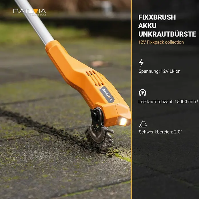 Batavia Fixxpack Unkrautbürste Fixxbrush - 12 V, Li-Ionen, Ohne Akku - Das Bild zeigt eine Akku-Unkrautbürste von Batavia, Modell Fixxbrush Akku Unkrautbürste, aus der 12V Fixxpack Serie.
