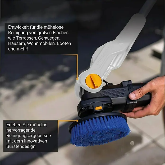 Batavia Maxxpack Akku-Reinigungsbürste Twin Brush Compact - 18 V, Ohne Akku - Bild einer elektrischen Reinigungsbürste mit blauem Bürstenkopf, geeignet für Terrassen, Gehwege, Häuser, Wohnmobile und Boote.