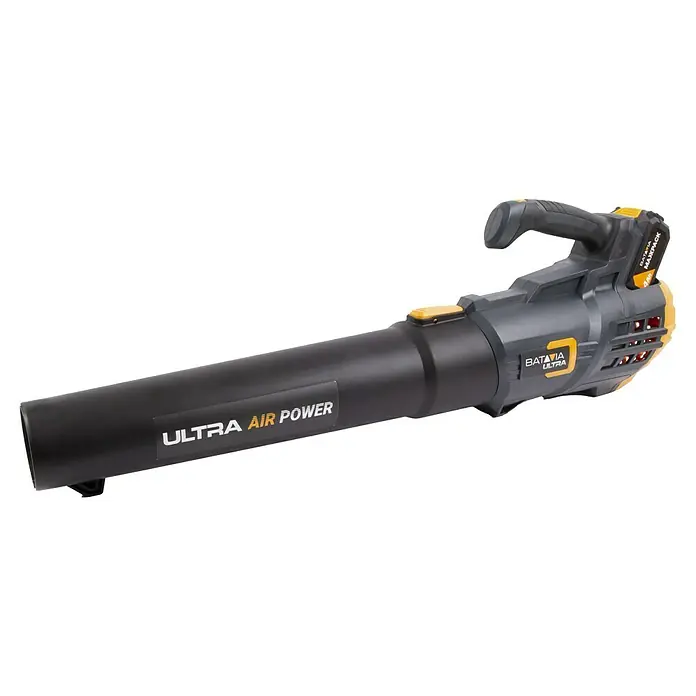 Batavia Akku-Laubbläser XL 18V - 18 V, Ohne Akku, Blasgeschwindigkeit: 140 km/h, Blasleistung: 10 m³/min - Abbildung eines BATAVIA Ultra Air Power Akku-Laubbläsers in Schwarz und Gelb. Ein leistungsstarkes Gartengerät.