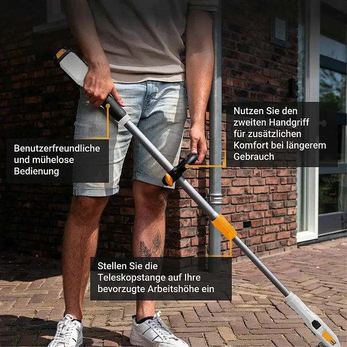 Batavia Maxxpack Unkrautbürste - 18 V, Li-Ionen - Der Teleskopstiel mit zwei Handgriffen des Reinigungsgeräts lässt sich einfach auf die gewünschte Höhe einstellen.