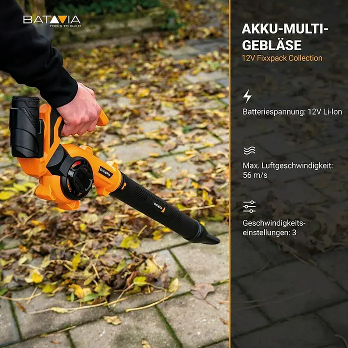Batavia Akku-Laubbläser 12V - 12 V, Ohne Akku, Blasgeschwindigkeit: 200 km/h - Bild von einem Akku-Multi-Gebläse der Marke Batavia, das durch seine orange-schwarze Farbgebung ins Auge fällt.