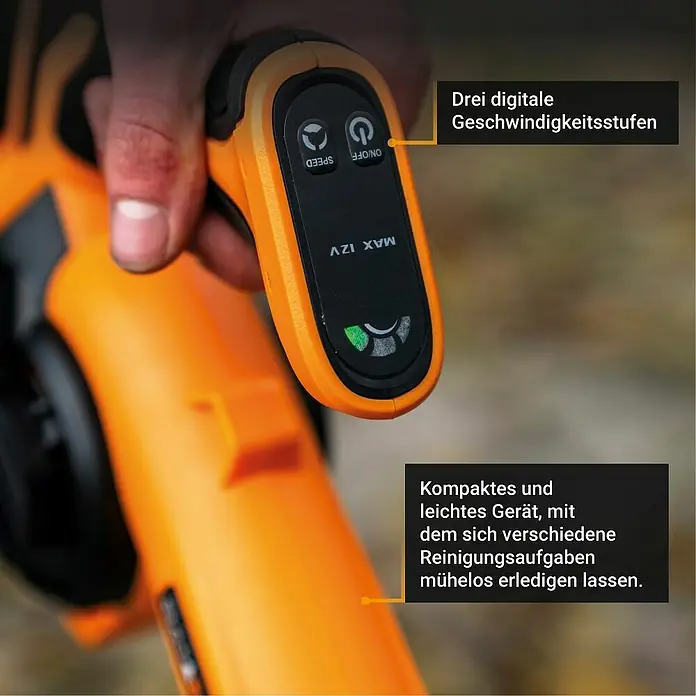 Batavia Akku-Laubbläser 12V - 12 V, Ohne Akku, Blasgeschwindigkeit: 200 km/h - Detailaufnahme eines orangefarbenen Reinigungsgeräts mit digitaler Geschwindigkeitsanzeige und Hinweisen zur kompakten Bauweise.