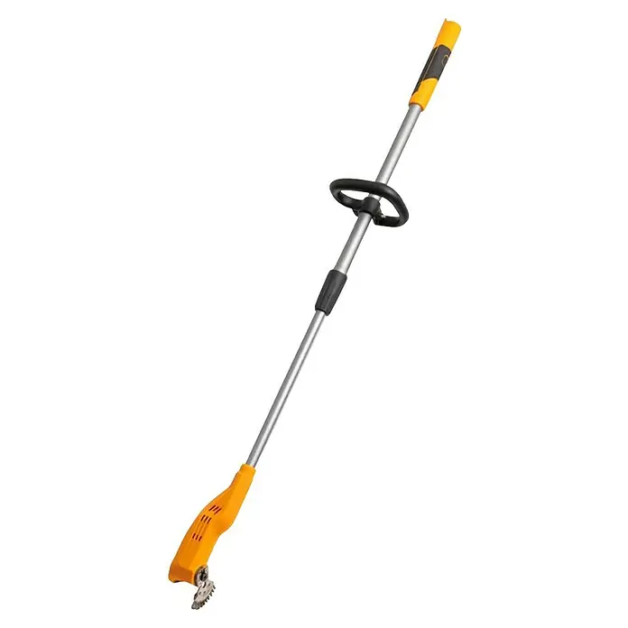 Batavia Fixxpack Unkrautbürste Fixxbrush - 12 V, Li-Ionen, Ohne Akku - Eine Detailaufnahme eines Rasentrimmers mit gelbem Griff, silberfarbener Stange und einem schwarzen Zusatzgriff, ideal zum Trimmen von Rasenflächen.