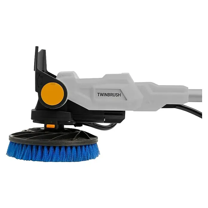 Batavia Maxxpack Akku-Reinigungsbürste Twin Brush V2 - 18 V, 1 Akku, 2 Ah - Detailansicht des Twinbrush-Reinigungsgeräts mit blauen Bürsten, das für eine gründliche Reinigung entwickelt wurde.\n
