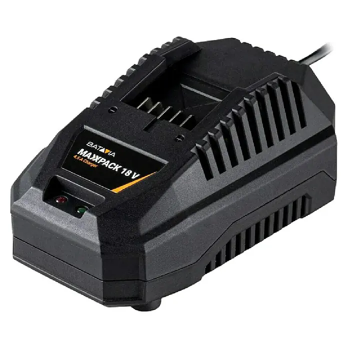 Batavia Maxxpack Akku-Schnellladegerät - Passend für: Batavia Akkus der Maxxpack-Kollektion - Abbildung eines schwarzen Batavia Maxxpack 18V 4,5A Ladegeräts. Ideal zum Aufladen von Batavia Maxxpack-Akkus.