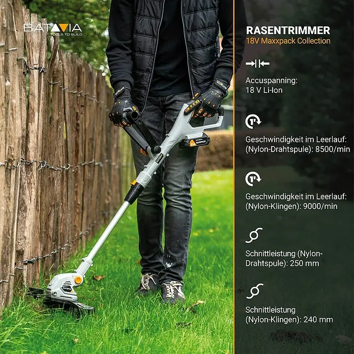 Batavia Akku-Rasentrimmer 250 MM 2-1 18V - 18 V, Li-Ionen, Ohne Akku, Schnittbreite Messer: 24 cm, Schnittbreite Faden: 25 cm - Akku-Rasentrimmer 18V Maxxpack Collection von Batavia im Einsatz, ideal für präzise Gartenarbeit und Rasenpflege.