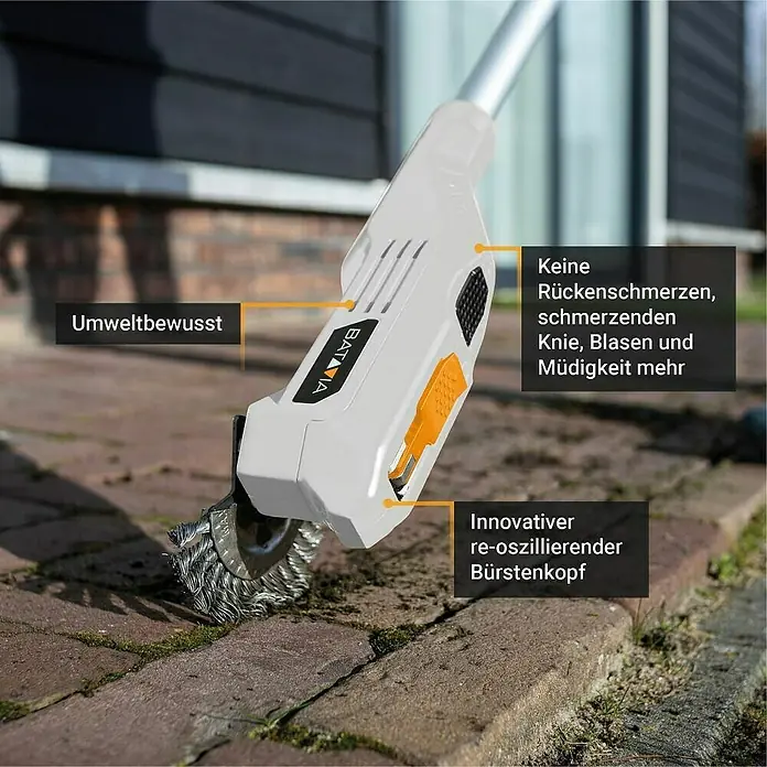 Batavia Maxxpack Unkrautbürste - 18 V, Li-Ionen - Das Bild zeigt einen umweltbewussten, innovativen Batavia-Bürstenkopf zur Reinigung von Oberflächen ohne Rückenschmerzen.