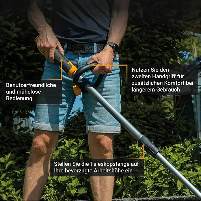 Batavia Fixxpack Unkrautbürste Fixxbrush - 12 V, Li-Ionen, Ohne Akku - Nahaufnahme eines Mannes, der einen Rasentrimmer hält, mit Hervorhebung seiner benutzerfreundlichen Funktionen und der Teleskopstange.