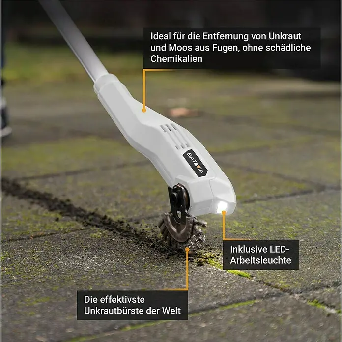 Batavia Maxxpack Unkrautbürste - 18 V, Li-Ionen - Detailaufnahme einer akkubetriebenen Fugenkratzbürste von Batavia mit LED-Licht und Hinweisen zu den Produkteigenschaften.