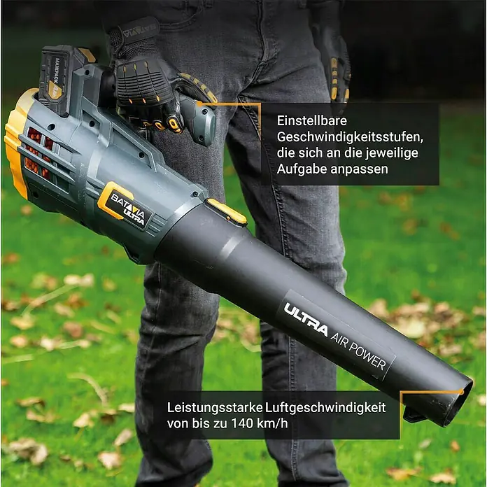 Batavia Akku-Laubbläser XL 18V - 18 V, Ohne Akku, Blasgeschwindigkeit: 140 km/h, Blasleistung: 10 m³/min - Bild von einem BATAVIA Ultra Laubbläser mit einstellbaren Geschwindigkeitsstufen und hoher Luftgeschwindigkeit.