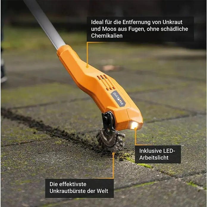 Batavia Fixxpack Unkrautbürste Fixxbrush - 12 V, Li-Ionen, Ohne Akku - Unkrautentferner mit LED-Arbeitslicht von Batavia. Ideal, um Unkraut und Moos aus Fugen zu entfernen, ohne schädliche Chemikalien zu verwenden.