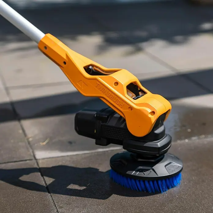 Batavia Akku-Reinigungsbürste Twin Brush Compact - 12 V, Ohne Akku - Nahaufnahme eines Twinbrush Reinigungsgeräts mit blauem Bürstenkopf, das auf einer grauen Oberfläche verwendet wird.