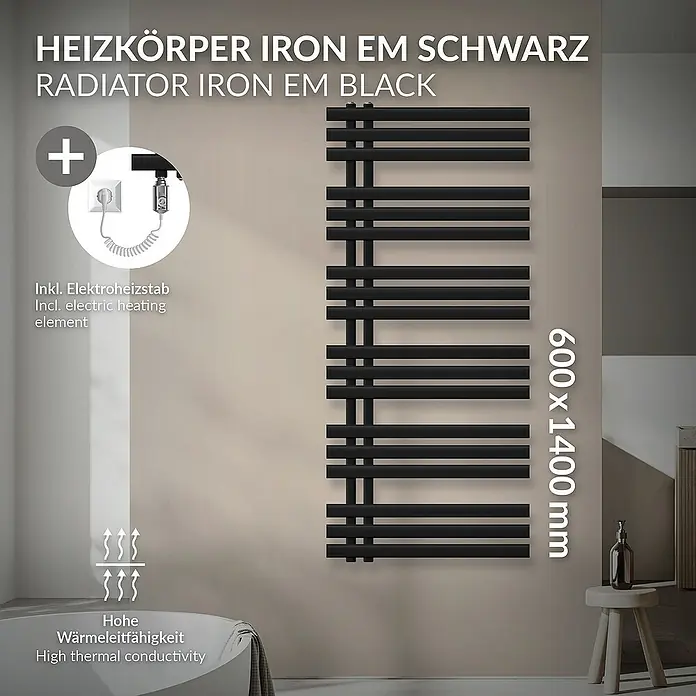 LuxeBath Elektro-Badheizkörper Design Handtuchheizkörper Handtuchwärmer Elektrisch mit Heizstab 1200W - B x H: 60 x 140 cm
