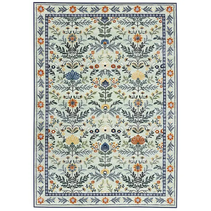 Floordirekt Kurzflorteppich Cascada 160 x 230 cm - Hellgrün - Rechteckiger Teppich mit hellgrünem Hintergrund und detailliertem Blumenmuster in Blau, Orange, Gelb und Grün, umrahmt von einem passenden gemusterten Rand.