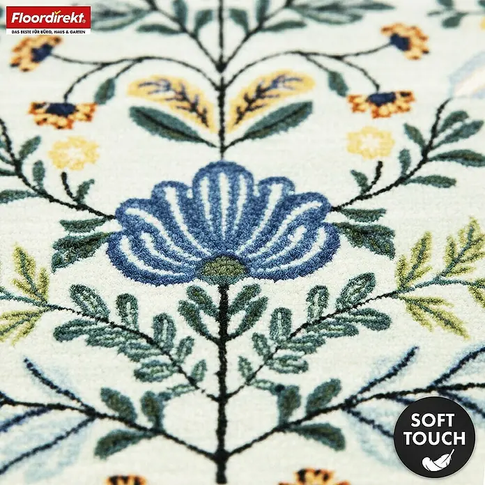 Floordirekt Kurzflorteppich Cascada 160 x 230 cm - Hellgrün - Weicher, cremefarbener Teppich mit blauem, gelbem und grünem Blumenmuster.