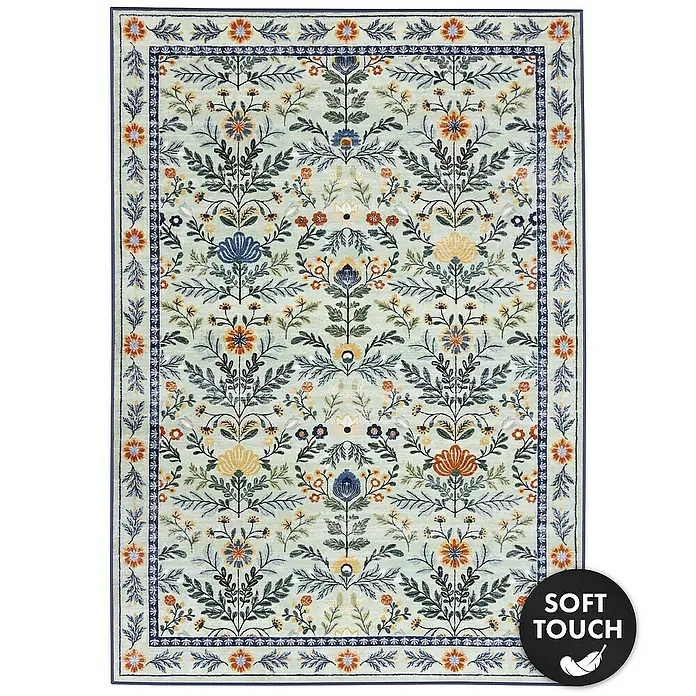 Floordirekt Kurzflorteppich Cascada 160 x 230 cm - Hellgrün - Rechteckiger Teppich in Hellmintgrün mit dichtem Blumenmuster in Blau, Orange, Gelb und Grün, mit Zierbordüre.