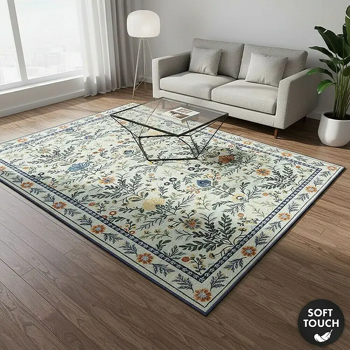 Floordirekt Kurzflorteppich Cascada 160 x 230 cm - Hellgrün - Heller Teppich mit floralem Muster in Blau und Orange auf Holzboden im Wohnzimmer.