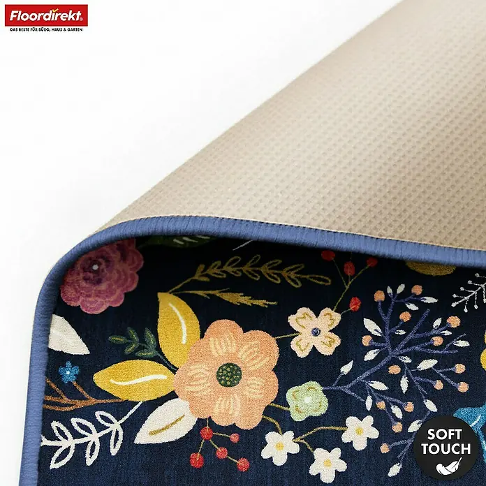 Floordirekt Kurzflorteppich Damaskus 160 x 230 cm - Blau - Weicher, dunkelblauer Blumen-Teppich mit bunter Musterung und beiger Anti-Rutsch-Unterseite.